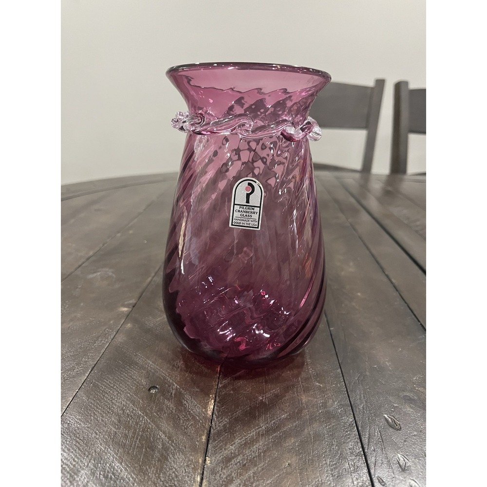 Vintage Pilgrim Glass Small Vase Optic Swirl Cranberry Ruffled‎ Top Sticker 7"